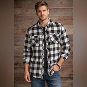 🌙 B176 Black and White Plaid Button-Up Shirt